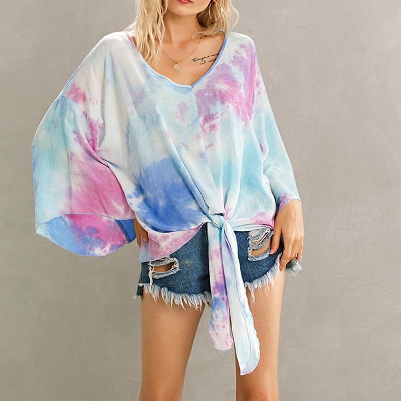 

Autumn Fashion Tie Dye Blouse Women Front Tie Printed Long Sleeve V-neck Shirts Harajuku Blouse Lady Loose Shirt Pullover Hot, Pink
