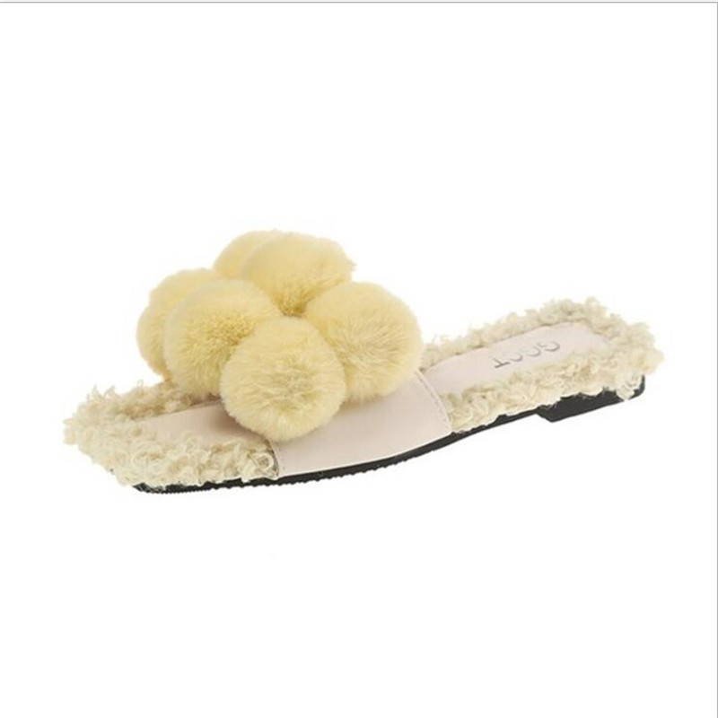 

Ladies plush slippers outside wear flat bottom new banquet women casual warm women's shoes beach, White