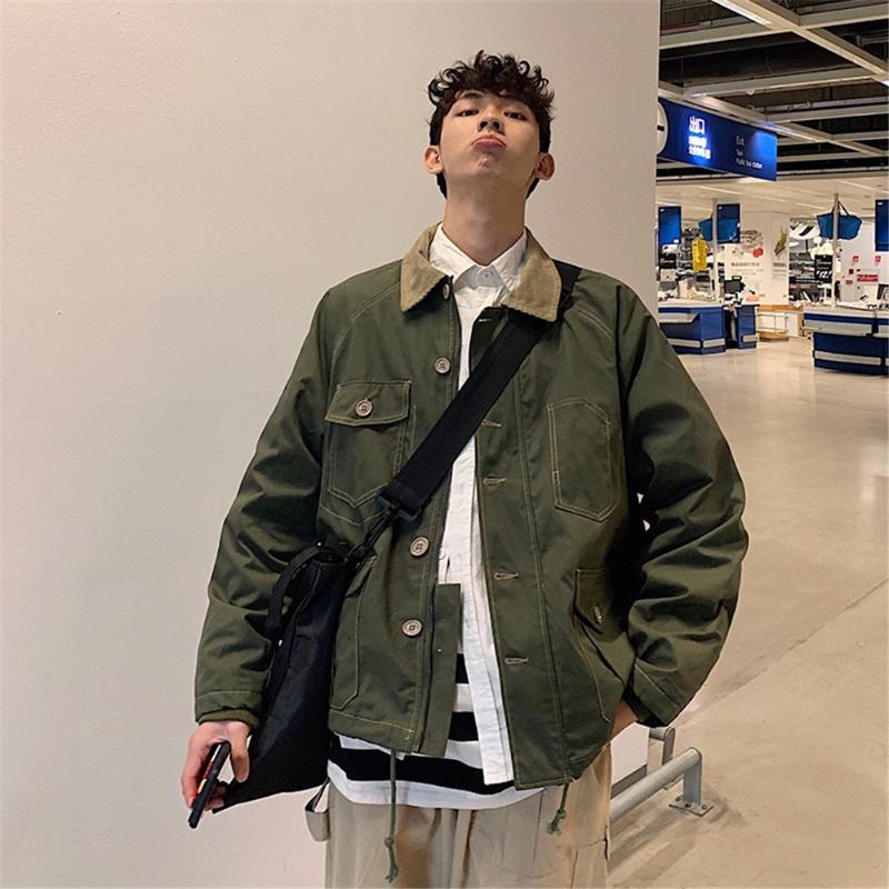 

Men's Jackets Spring Workwear Pocket Corduroy Collar Stitching Jacket Japanese Harajuku Style Loose Army Green Khaki Top Coats