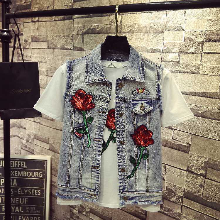 

Sleeveless Jeans Floral Women Butterfly Sequin Diamond Ripped Tassel Tank Vest Slim Denim Jacket Coat veste femme