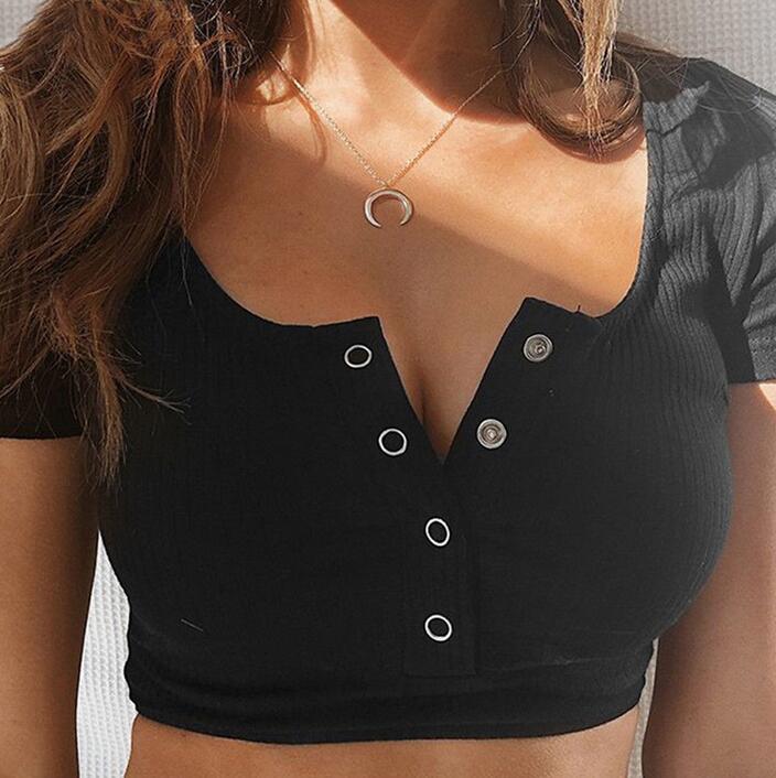 

Sexy Fashion Womens T-Shirt Short sleeve Summer Ladies Tanks & Camis Sports Outdoor Midriff Buttons Size -XL, Black