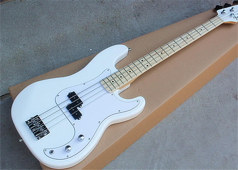 

Wholesale Custom White 4 Strings Electric Bass Guitar with White Pickguard,Chrome Hardwares,Maple Fingerboard,can be customized.