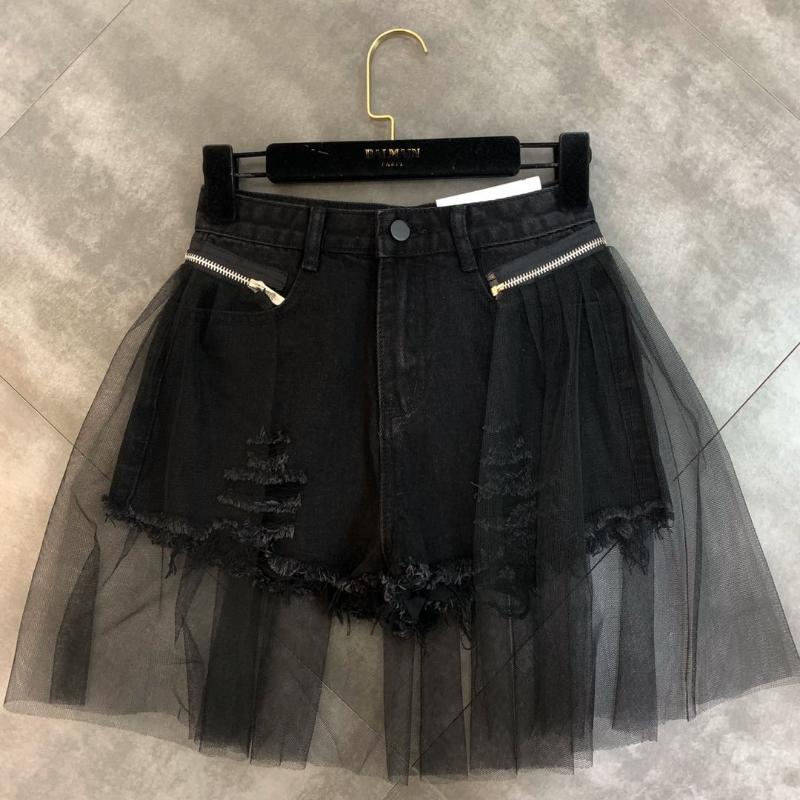 

Net red same grapefruit mm2020 new summer yarn splicing hole detachable two wearing denim shorts for women, See chart