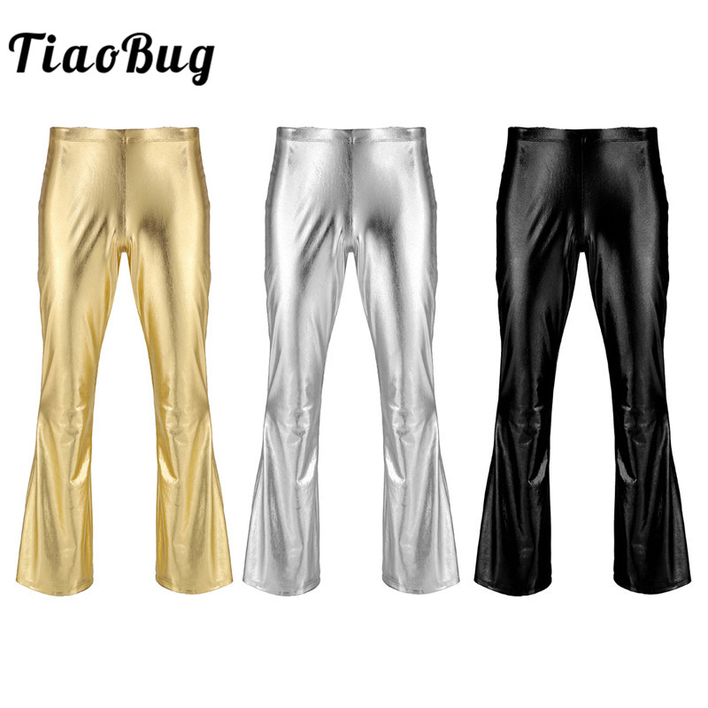 

TiaoBug Adult Men Shiny Metallic Disco Pants Male Long Flare Pants Club Festival Rave Trousers Stage Ballroom Jazz Dance Costume, Black