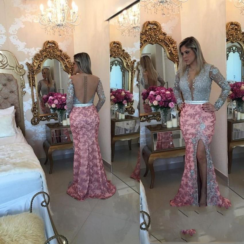 

Sheer Neck Long Sleeve Mermaid Evening Dresses Appliques Beaded Button Back Appliques Formal Evening Gowns Prom Dresses, Green