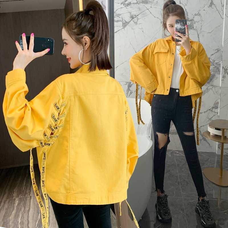 

2020 Cool Denim Jacket Women Autumn Coat Bandage Oversized Outerwear Coats Windbreaker Boyfriend Female Jeans Jacket Plus Size, Pink