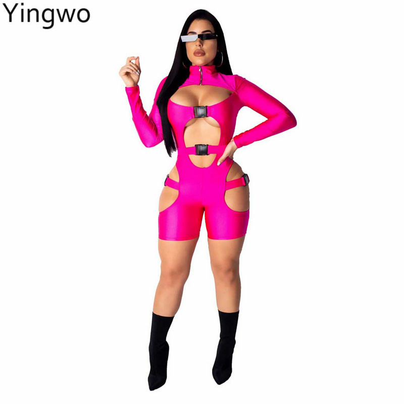 

Rosy/Yellow/Black Long Sleeve Skinny Romper Super Sexy Front Cut Out Open Bust Buckles Details Night Out Club Wear Romper Online