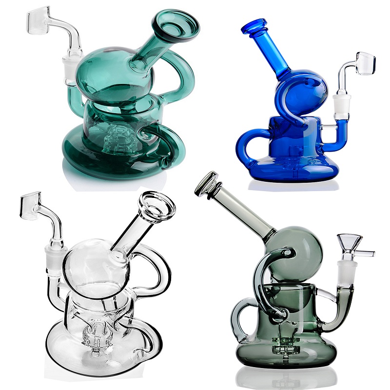 

Unique Round Glass Bong Recycler Hookah Bongs Slitted Donut Perc Oil Dab Rigs Sidecar Glass Water Pipes 14mm Joint With Bowl