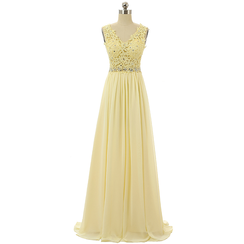 Yellow Chiffon Evening Dresses Long 2019 Lace Appliques Prom Gowns Beaded Waist Formal Dress Floor Length