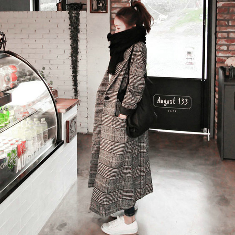 

Women plaid long coat long sleeve woollen overcoat loose outwear female winter autumn trench coats plus size, Xxl