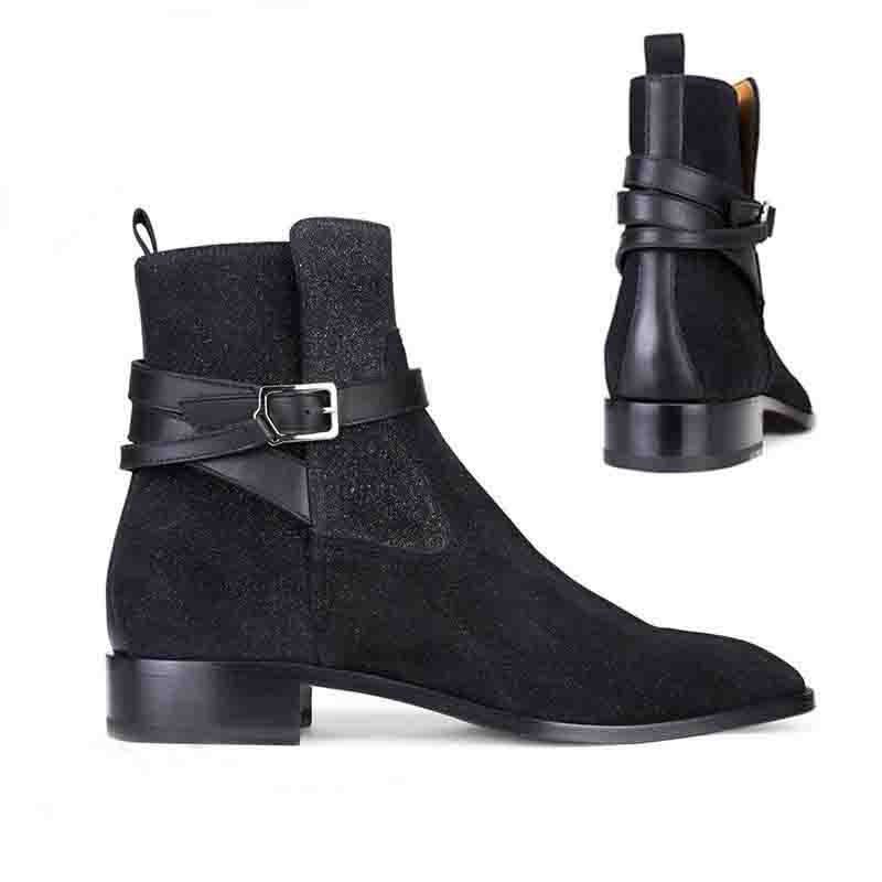 

New Top Quality Red Bottom Roadie Flat For Men Ankle Boots Design Comfortable Genuine Leather Perfect Party Dress Wedding Walking EU38-47, Black