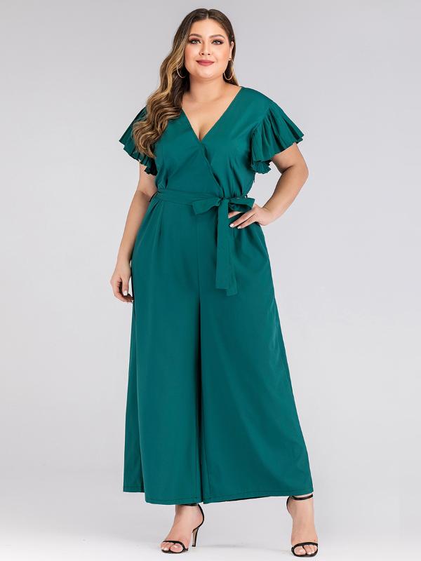 

Original design spring and summer 2020 new women's large size solid color pleated short sleeve Jumpsuit Q16, Blue