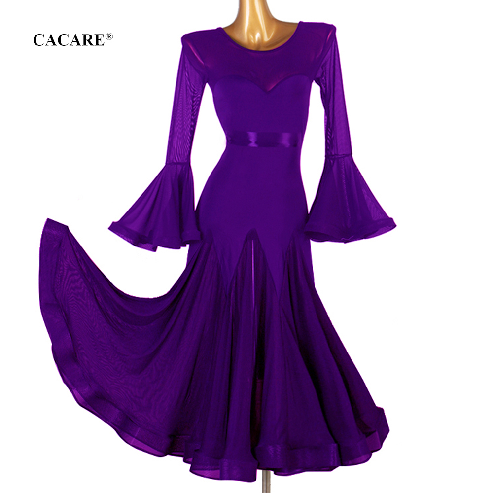 

2020 Ballroom Dance Competition Dresses Waltz Tango Dress Standard Dance Dresses D0127 Bell Mesh Sleeve Big Hem, Purple