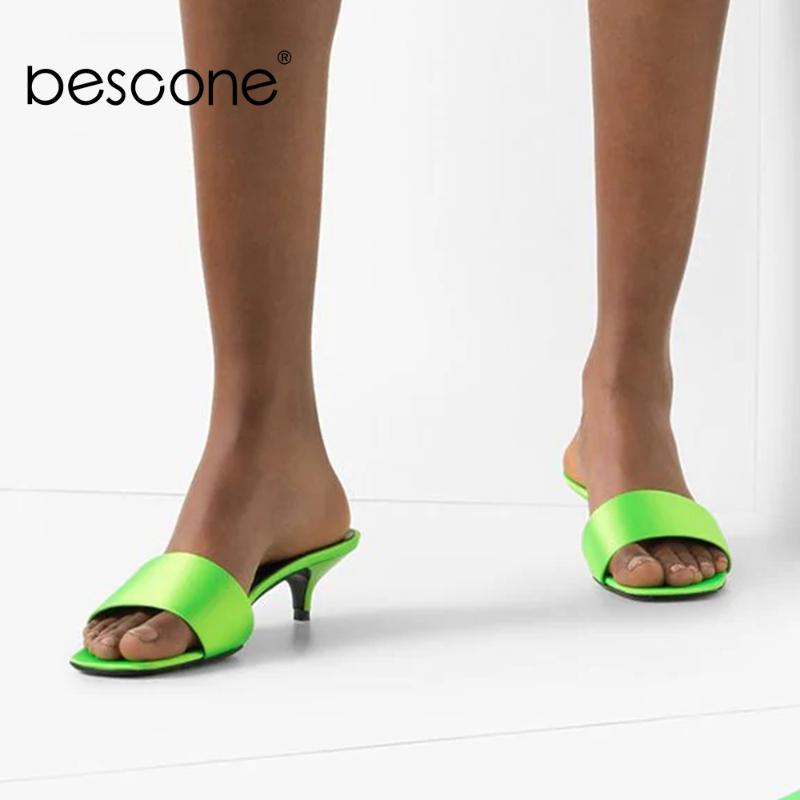 

BESCONE Summer Slippers Women Fluorescent Green Elegant Thin Low Heels Lady Outdoor Slippers Concise Lazy Leiture Sandals BM516