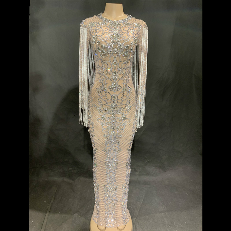 

2019 Bling Rhinestones Tassel Mesh Long Dress Birthday Celebrate Prom Party Dresses Nightclub Female Singer Dance Costume DJ, Photo color