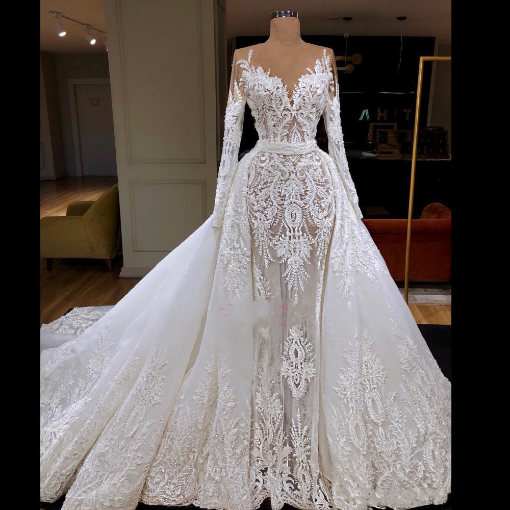 

African Mermaid Wedding Dress With Detachable Train Sheer Vestidos De Noiva Lace Appliqued Bridal Gown Long Sleeves Overskirts Wedding Dress, Khaki