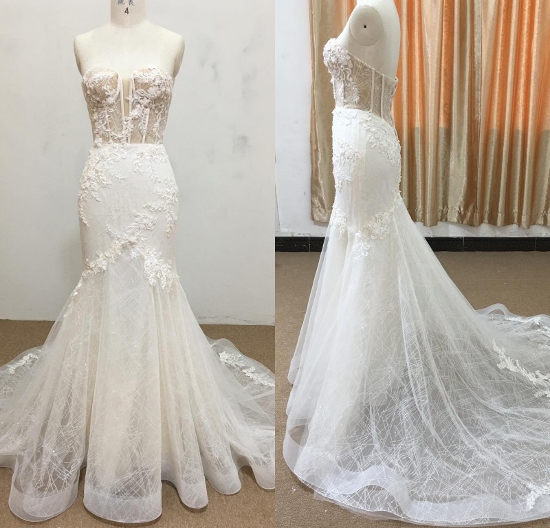 

Bohemian Mermaid Luxury Wedding Dresses Tulle Lace Applique Pears Beads Sequins Formal Dress Strapless Lace Up Sweep Train Bridal Gowns, Chocolate