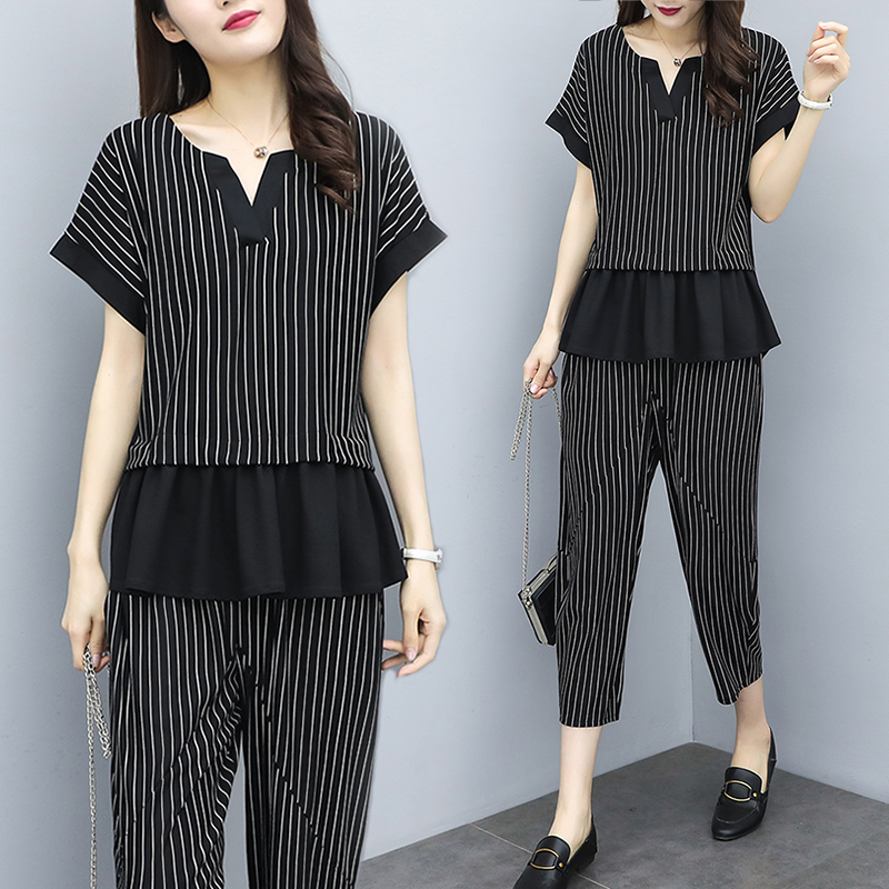 

Casual Striped Tracksuit For Women Two Piece Outfits 2pcs Set Ensemble Femme Deux Pieces Women's Tracksuits Women's Summer Suit, Black