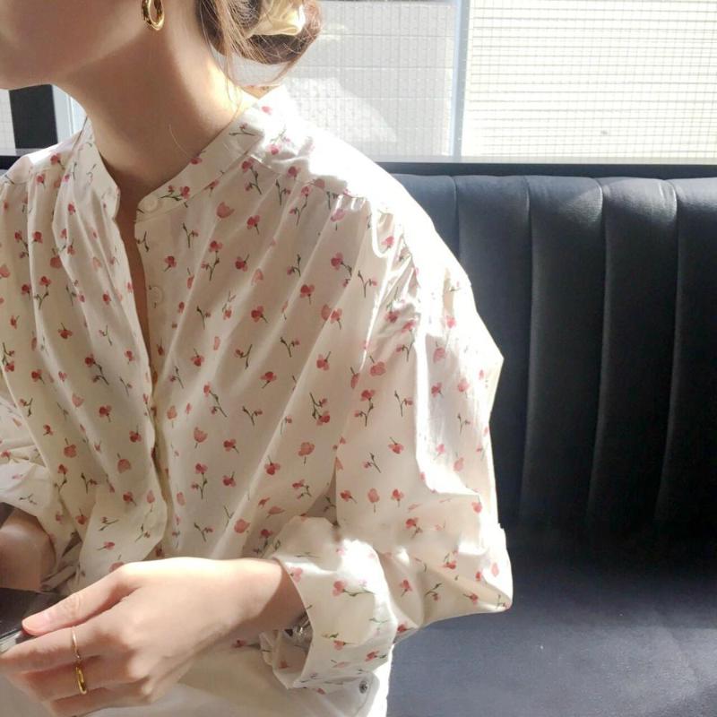 

rose pink floral shirt long sleeve sweet flowers print shirt blouse, White