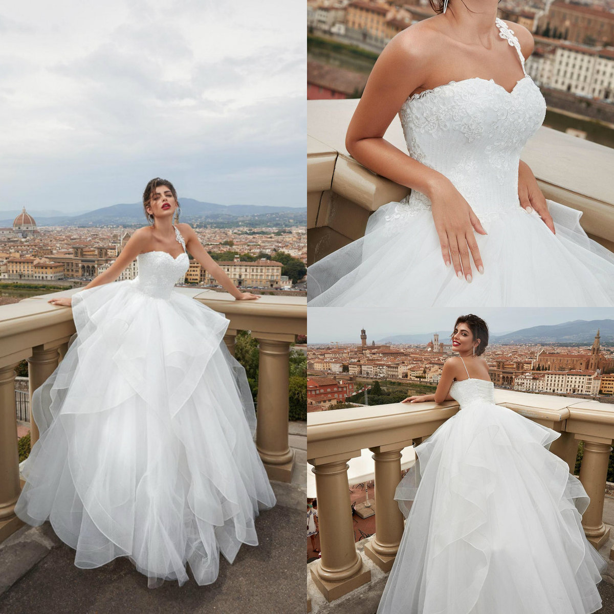 

2020 Fluffy Wedding Dresses One Shoulder Appliqued Sleeveless Lace Bridal Gown Backless Ruffled Tiered Skirts Floor Length Robes De Mariée, Lavender
