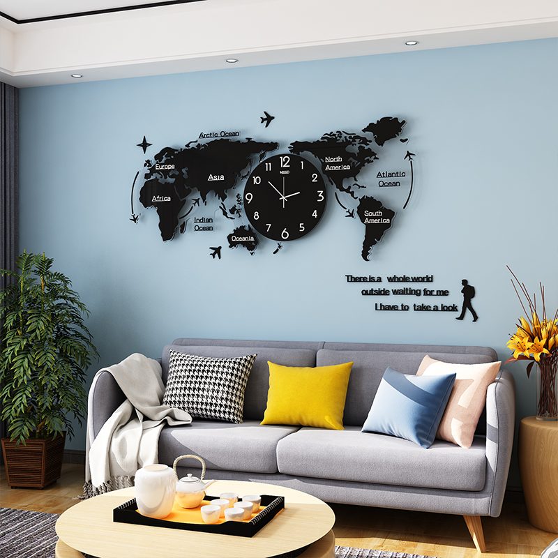 

MEISD Luminous Large Wall Clock Modern Design 3D Art World Map Mirror Sticker Hanging Clock Acrylic Watch Home Living Room Decor