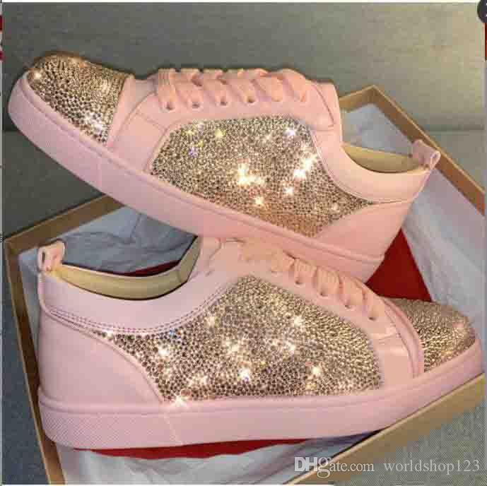 

Brand Super Quality Men Women Pink Suede Rhinestone Strass Low top shoes famous designer Red bottom Sneakers mens shoes with box and dustbag