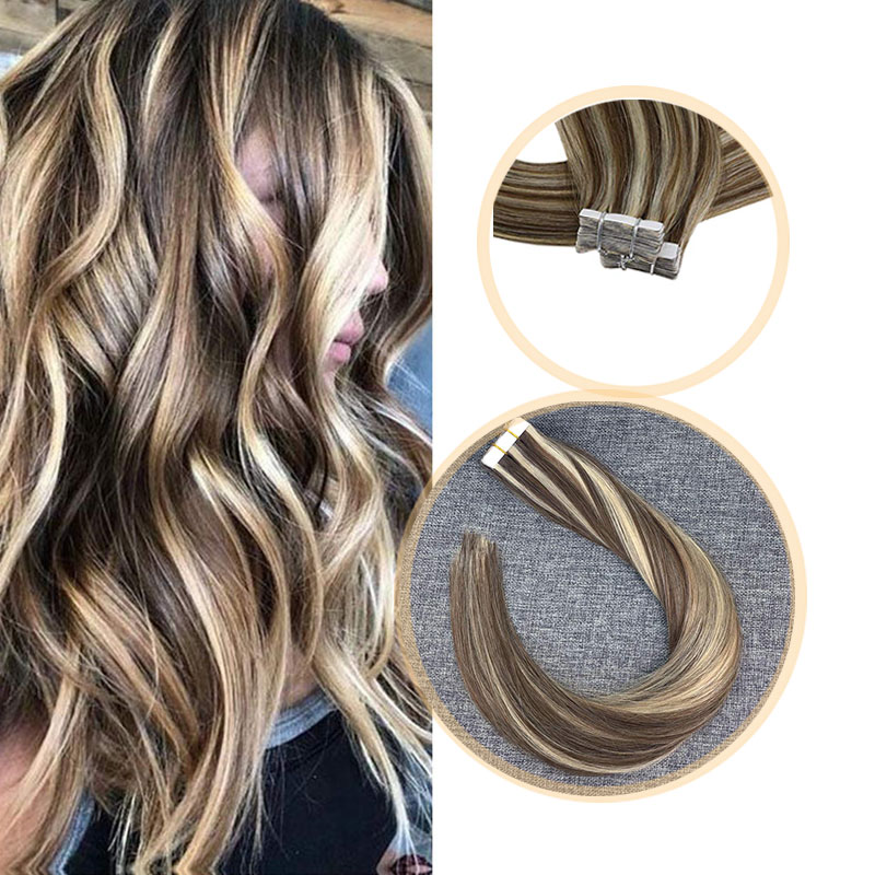 

Remy Tape in Hair Extensions Brazilian 100% Real Human Hair Skin Weft Invisible Double Sided Tape 20pcs 16-24inch, Golden blonde & bleach blonde