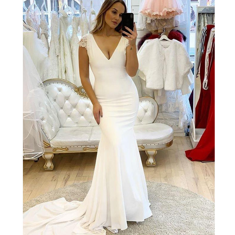 

Elegant Long Wedding Gowns Open Back Summer Beach Wedding Wear Ivory Chiffon Mermaid Wedding Dresses V Neck Lace Cap Sleeve, White