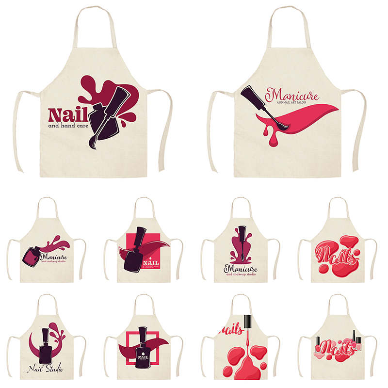 Linen Flower nail polish theme Print Kitchen Aprons Unisex Dinner Party Cooking Bib Funny Pinafore Cleaning Apron WQI836-image-540597857