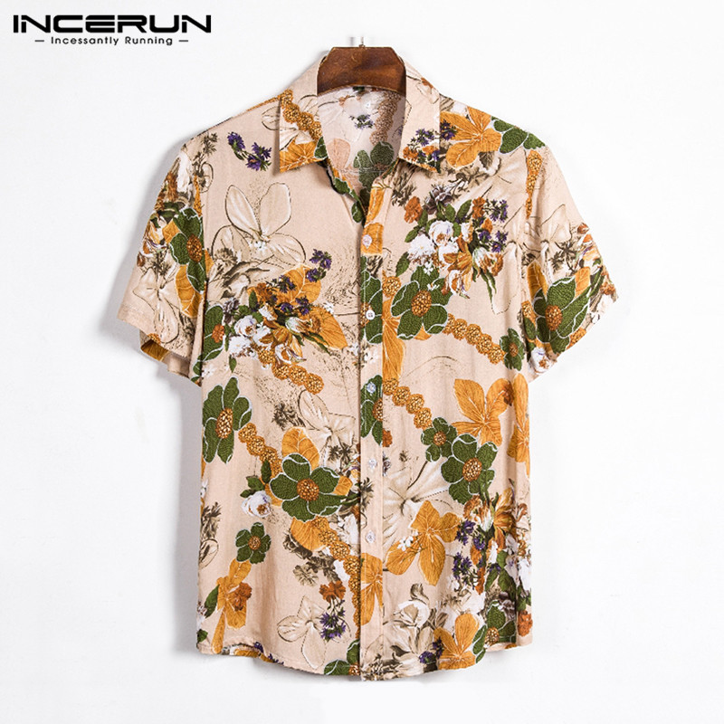 

Floral Printed Shirt Men Summer Short Sleeve Cotton Lapel Beach Breathable Mens Hawaiian Shirts Streetwear Casual Camisa INCERUN, Yellow shirt