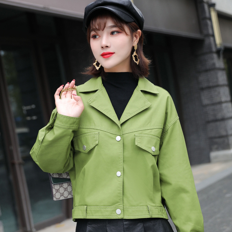 

Women's Jackets Small leather spring autumn windcheater casual imitation naist washed PU coat pure color short tops lapel neck single-breasted ladys fashion outwear, Green