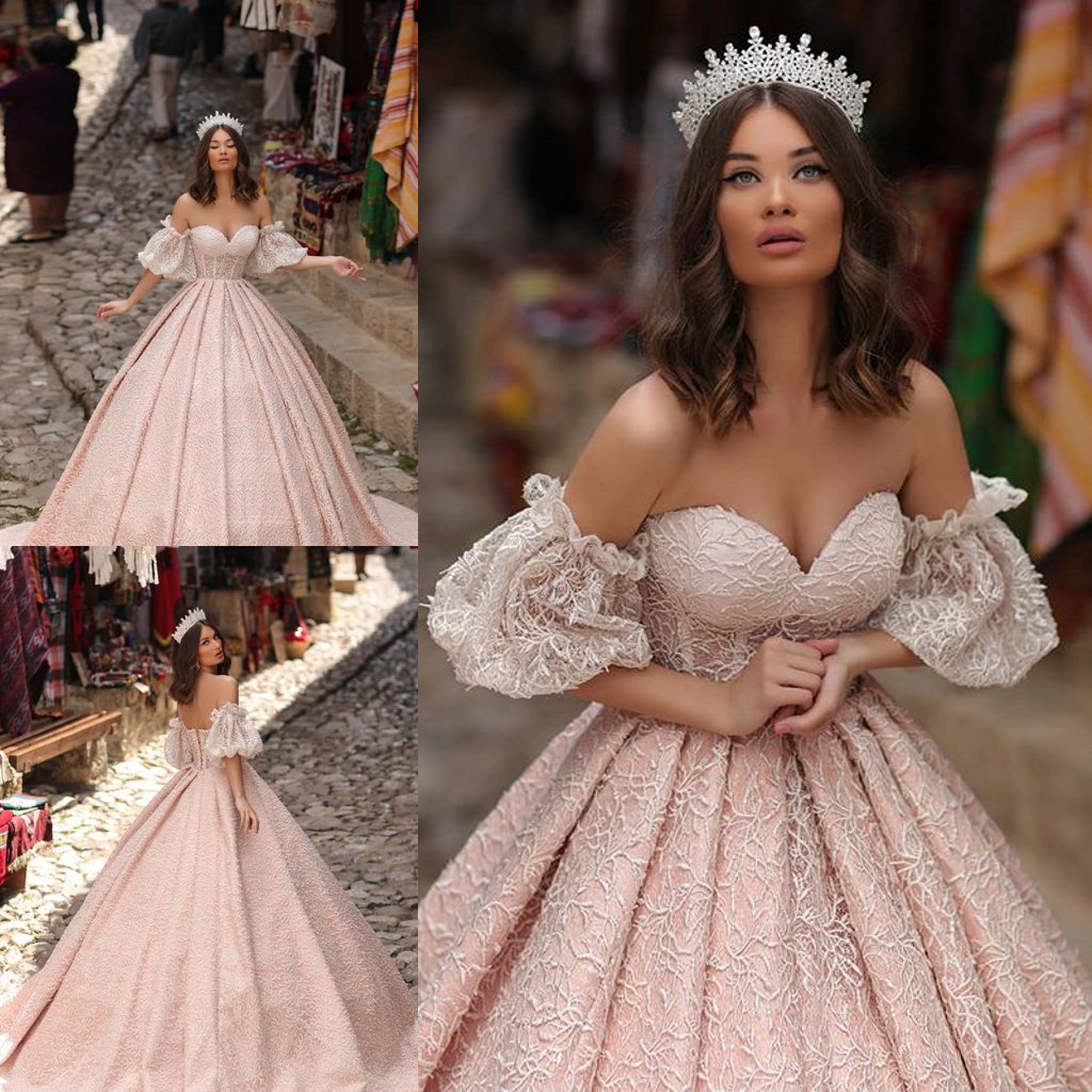 

Luxury Ball Gown Wedding Dresses Short Sleeve Off Shoulder Beads Appliques Satin Bridal Gowns Sweep Train Vestidos De Novia, Multicolor