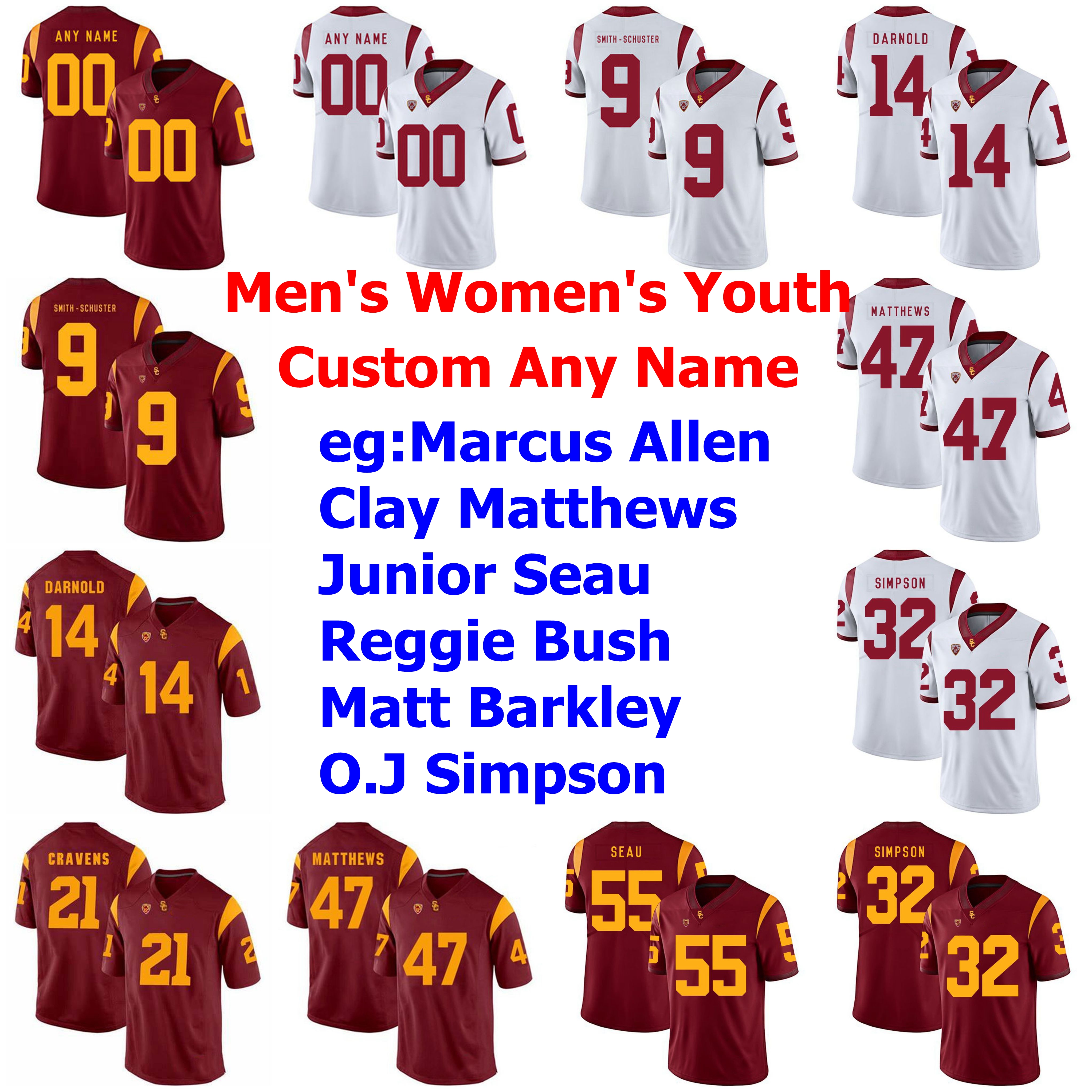 

NCAA USC Trojans Jerseys Mens Womens Marcus Allen Jersey Clay Matthews Junior Seau Reggie Bush Red College Football Jerseys Custom Stitched, Men's red