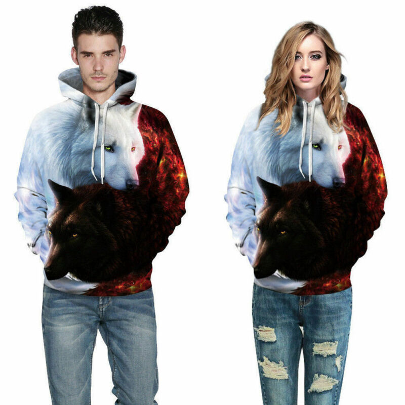 

3D Wolf Sweatshirt Printed Couples Hoodie Jumper Sweatshirt Womens Long Sleeve Tops Outwear