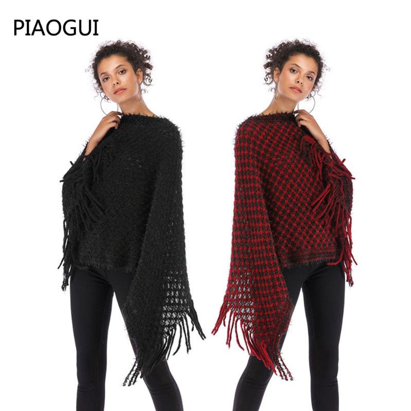 

2020 Spring Batwing Long Sleeve Women Ponchoes Capes Knitted Sweaters Loose Cloak Streetwear Tassel Knitwear Tops Ladies Sweater, Black