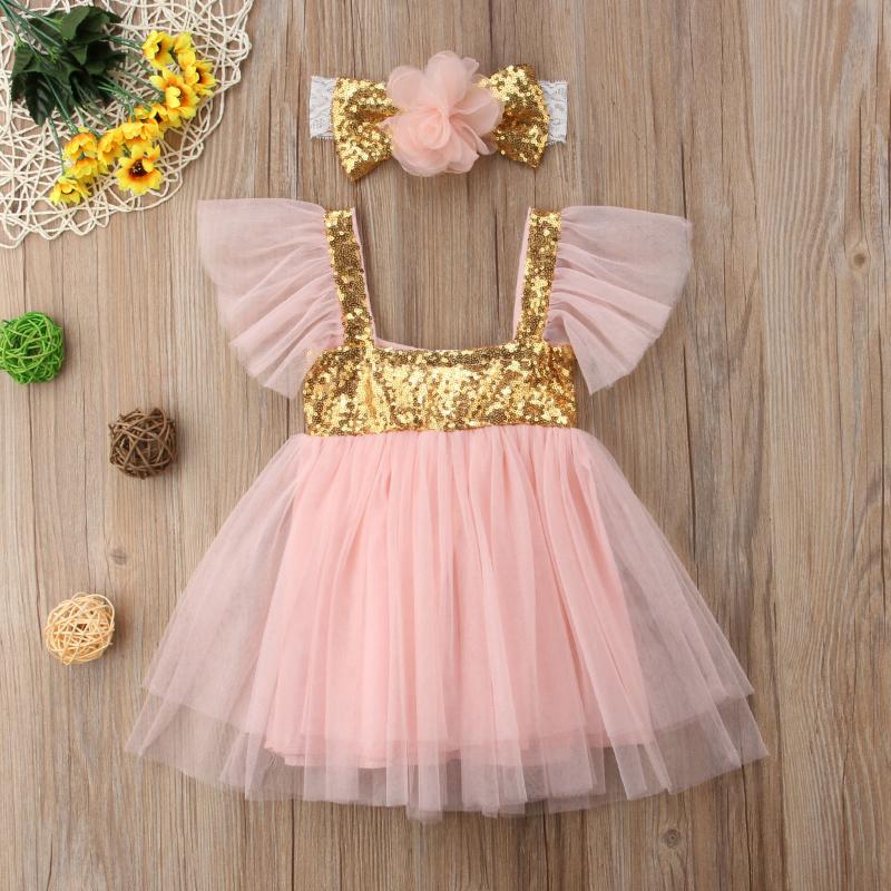

Fashion Toddler Kids Baby Girl Lace Floral Party Princess Dress Sundress+Headband kids Girls Clothes Set 0-3T, Pink