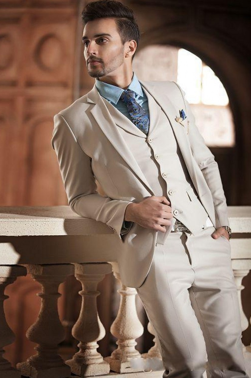 

New Style Beige Groom Tuxedos Notch Lapel Groomsmen Mens Wedding Dress Excellent Man Jacket Blazer 3 Piece Suit(Jacket+Pants+Vest+Tie) 27, Same as image