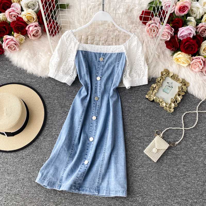 

FMFSSOM Summer Spring Patchwork Hollow Out Denim Buttons Square Neck Single Breasted Women Female A-line High Waist Midi Dress, Blue