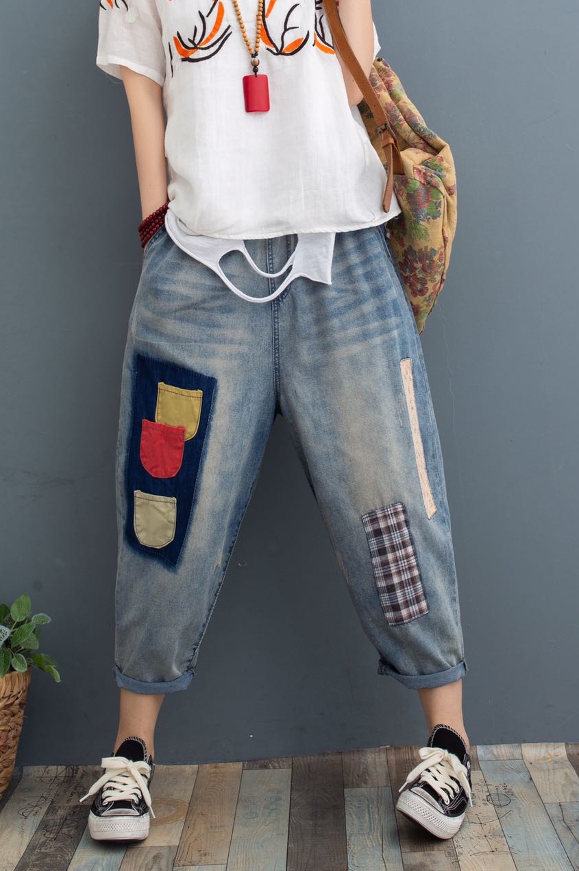 

Navy Blue Fork Pants National Wind Restoring Ancient Ways Girl Embroidered Jeans Bk4571