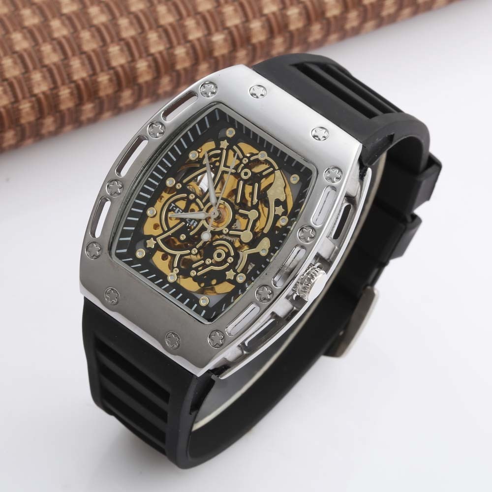 

Goer Luxury Business Men's Watches Tonneau Skeleton Skull Men's Mechanical Watch Leather Dress Watch For Men Relogio Masculino J190706, 0107black
