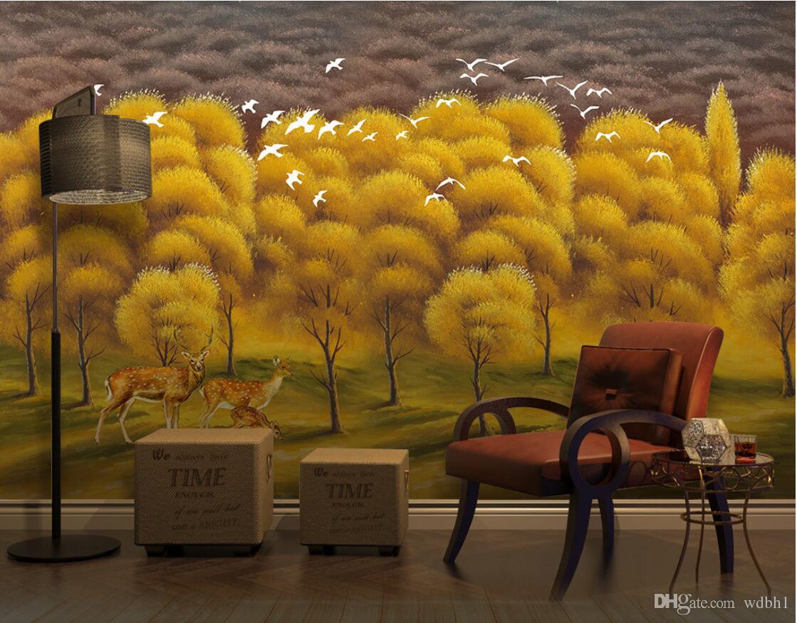 

3d wallpaper custom photo European-style hand-painted oil painting golden forest elk flying bird painting murals wallpaper for walls 3 d, Picture shows