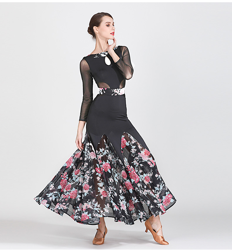 

NEW Adult Ballroom Dance Dress Ladies Modern Waltz Standard Competition Dance Dress Black Mesh Stitiching Long Sleeve Flower Printed Dress