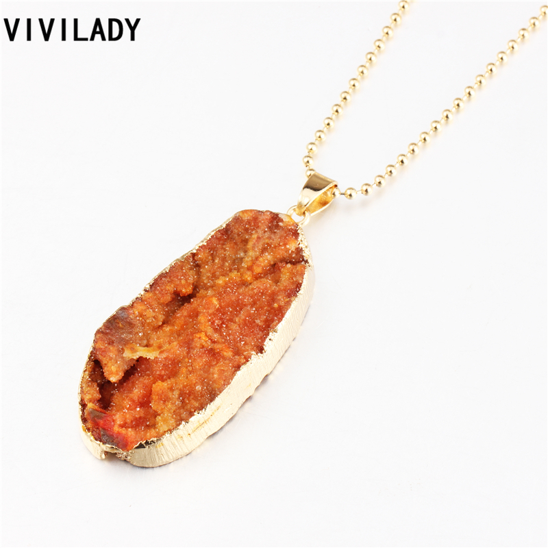 

Chains VIVILADY Fashion Summer Vocation Crystal Druzy Natural Stone Pendant Necklace Women Bijoux Long Beads Metal Chain Winter Jewelry