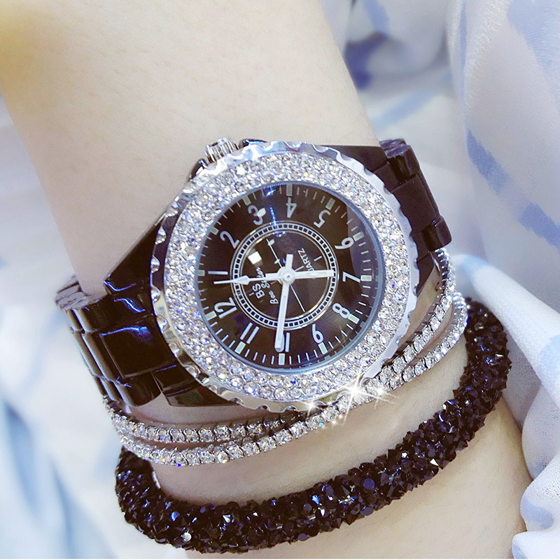 

Women Fashion Black Watch Arabic Numerals Dial Watch Crystal Diamond Ladies Dress Wrist Watches Ceramic Strap Clock 2020, White