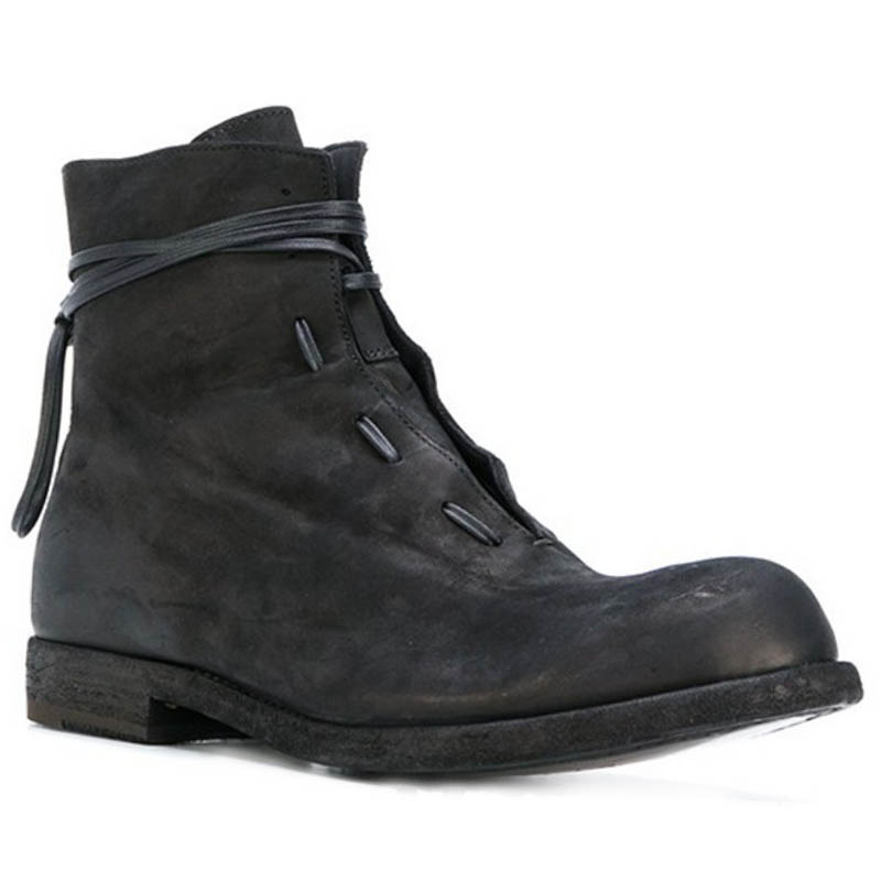 

Fashion New Lace Up Round Toe Mens Scrub Cowhide Boots British Street High Top Genuine Leather Breathable Chaussure Homme, Black