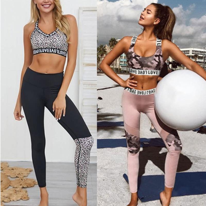 

Yoga Set Women' Seamless Sports Bra Fitness Yoga Bra +High Waist Gym Camo Leggings Pants Fitness Suits Workout #D, Black