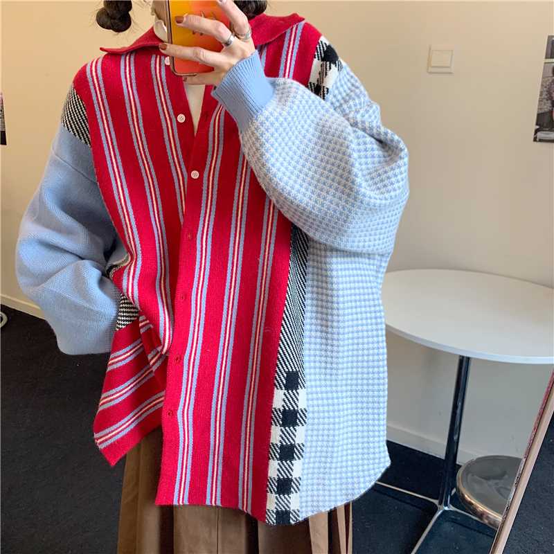 

design sense of color matching of paragraph single-breasted grows in striped sweater cardigan sweater coat female, Blue