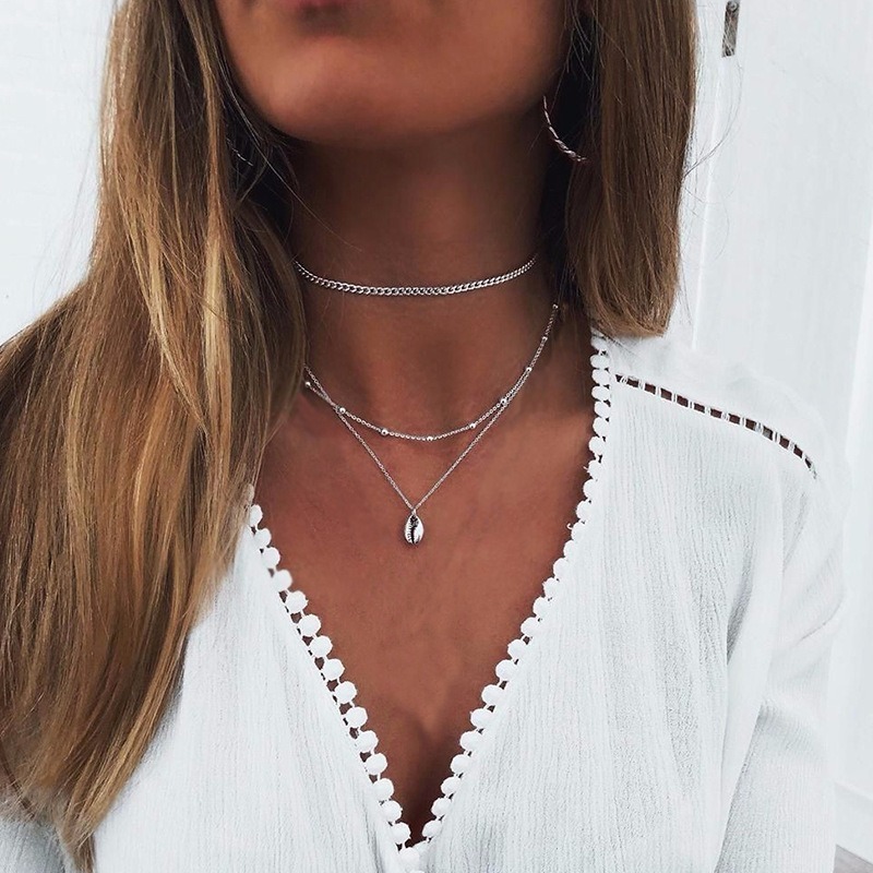 

Multilayer Necklace Chain Short Clavicle Women Necklaces Stainless Steel European Silver Color Trendy Shell Jewelry Girl Collier