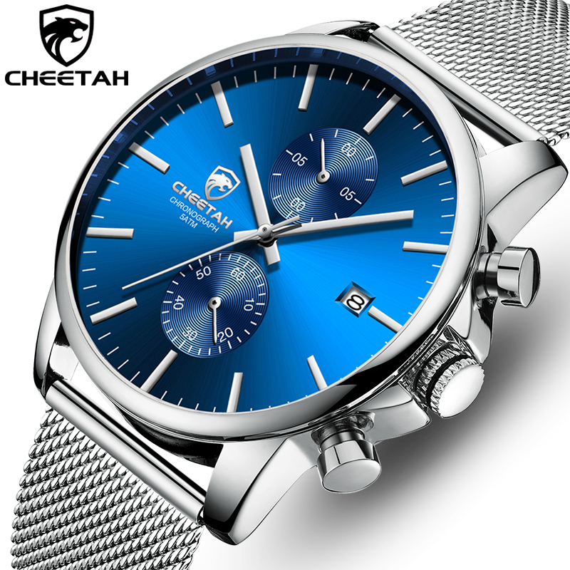

Men Watch New CHEETAH Top Brand Stainless Steel Waterproof Chronograph Watches Mens Business Blue Quartz Wristwatch reloj hombre, Silver blue