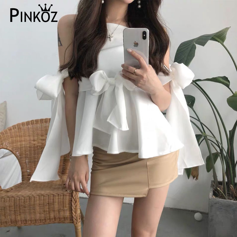 

Pinkoz 2020 summer new arrival black white bow strapless blouse women designer style party casual streetwear shirt lace up chic